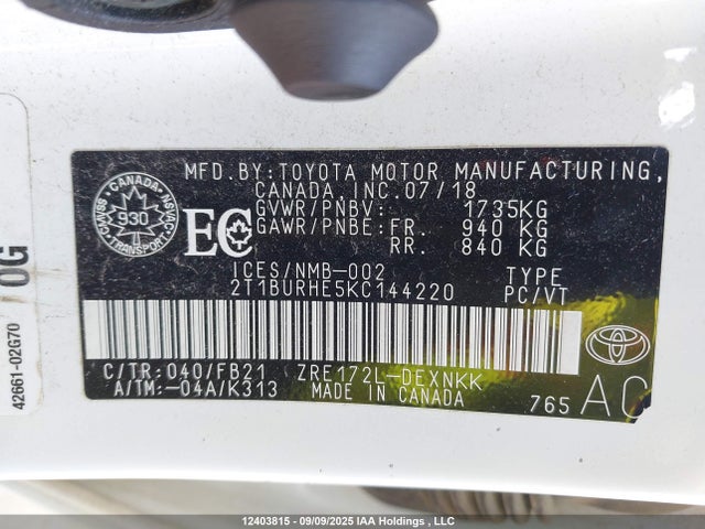 2T1BURHE5KC144220 Toyota 2zr-fe