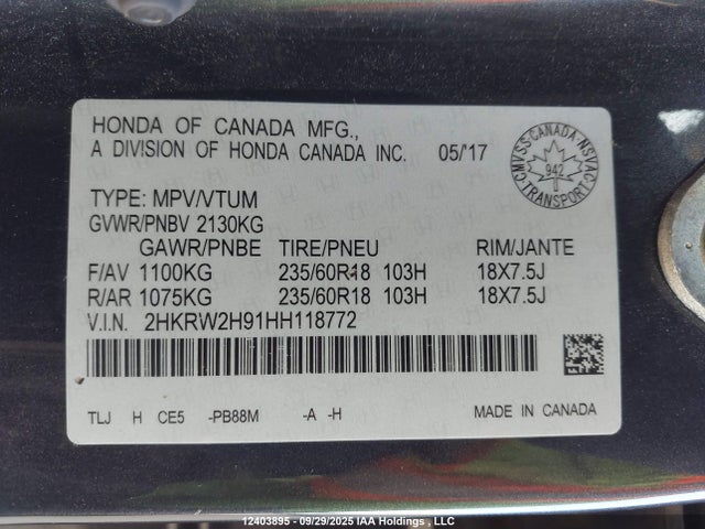 2HKRW2H91HH118772 Honda l15be