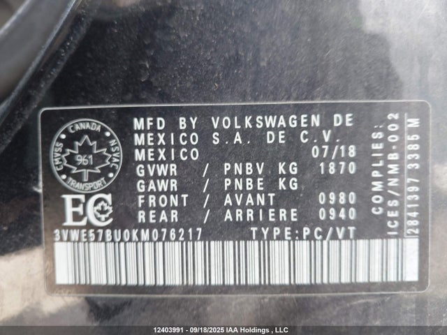 3VWE57BU0KM076217 Volkswagen 1.8 tsi