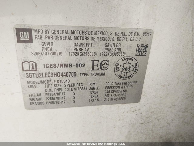 3GTU2LEC3HG440706 GMC l83 -spark ignited direct injection, variable valve timing, afm, e85 max, alum