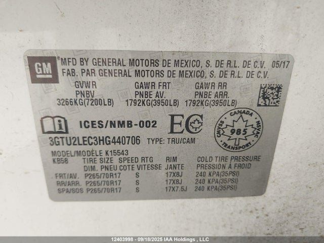 3GTU2LEC3HG440706 GMC l83 -spark ignited direct injection, variable valve timing, afm, e85 max, alum