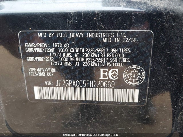 JF2GPACC5FH220669 Subaru 2.0l naturally aapirated