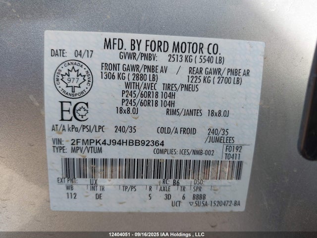 Ford 2.0l gtdi 2017 2FMPK4J94HBB92364 Image 9