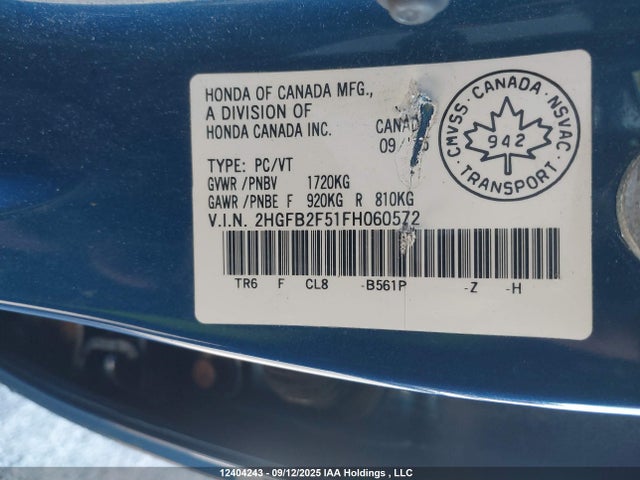 Honda r18z1 2015 2HGFB2F51FH060572 Image 9