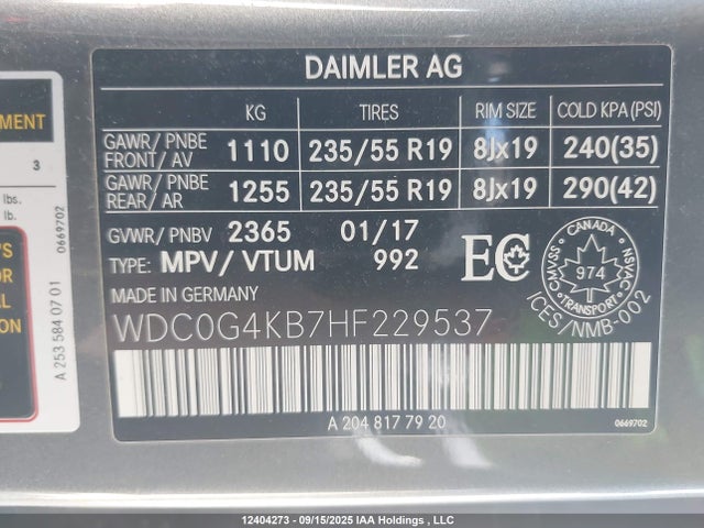 WDC0G4KB7HF229537 Mercedes-Benz m274