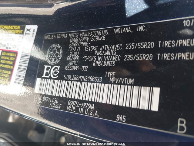 5TDLZRBH2NS166633 Toyota Highlander Xse