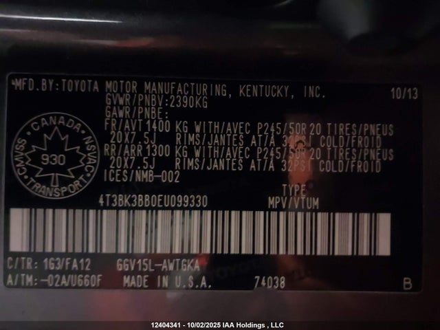 4T3BK3BB0EU099330 Toyota 2gr-fe