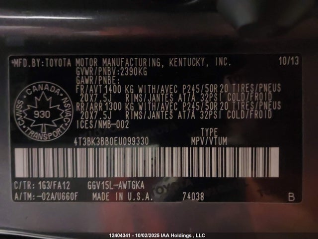 4T3BK3BB0EU099330 Toyota 2gr-fe