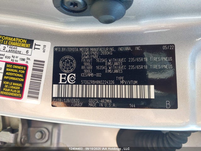 5TDGZRBH8NS224326 Toyota 2gr-fks