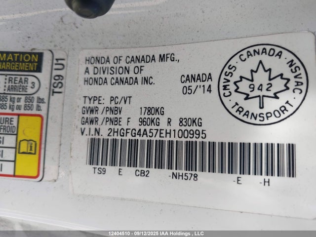 Honda k24z7 2014 2HGFG4A57EH100995 Image 9
