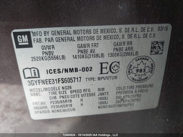 3GYFNEE31FS605717 Cadillac lfx - sidi, vvt, e85 max, alum
