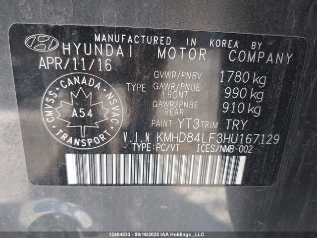 KMHD84LF3HU167129 Hyundai Elantra