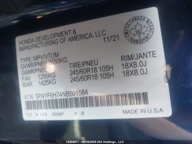 Honda j35y6 2022 5FNYF6H74NB501584 Image 9