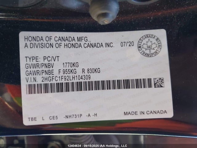 2HGFC1F92LH104309 Honda l15b7
