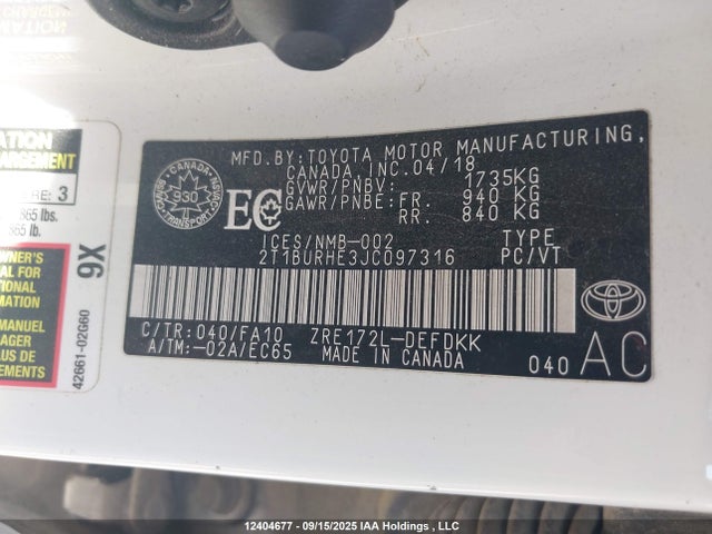 Toyota 2zr-fe 2018 2T1BURHE3JC097316 Image 9