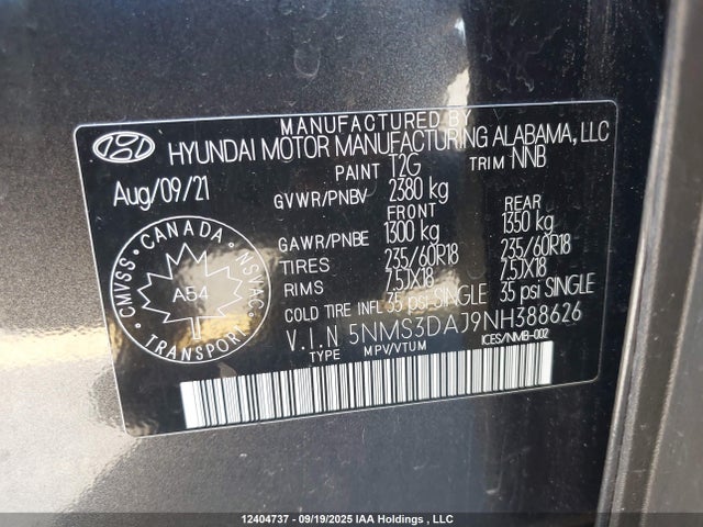 5NMS3DAJ9NH388626 Hyundai gdi theta iii