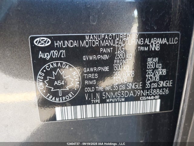 5NMS3DAJ9NH388626 Hyundai gdi theta iii