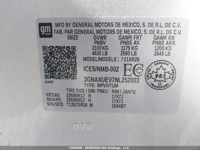 Chevrolet lyx 2022 3GNAXUEV7NL252003 Image 9
