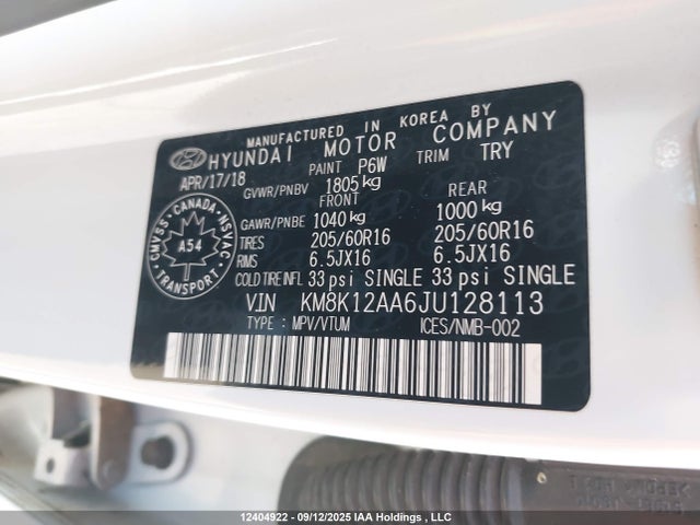 KM8K12AA6JU128113 Hyundai mpi nu