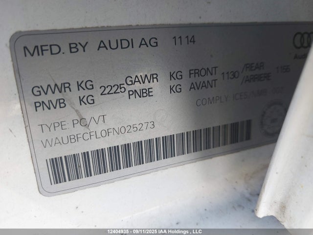 Audi flex fuel capable engine 2015 WAUBFCFL0FN025273 Image 9
