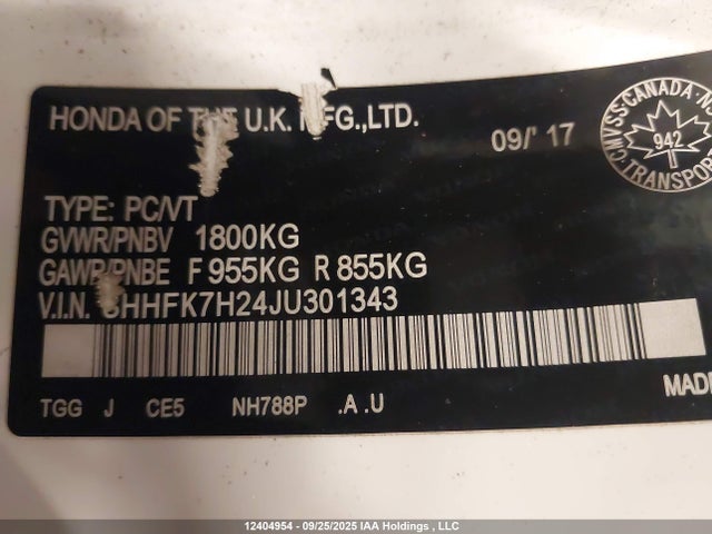 SHHFK7H24JU301343 Honda l15ba