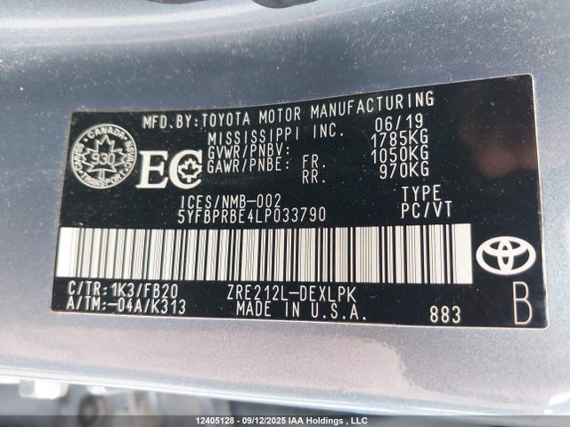 12405128 :رقم المزاد ، 5YFBPRBE4LP033790 vin ، 2020 Toyota Corolla Le مزاد بيع