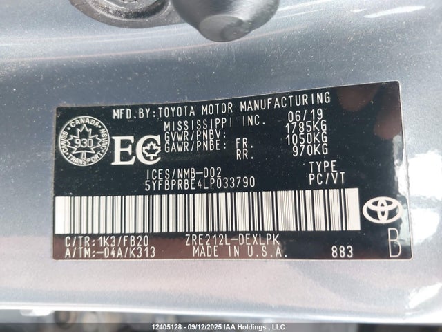 12405128 :رقم المزاد ، 5YFBPRBE4LP033790 vin ، 2020 Toyota Corolla Le مزاد بيع
