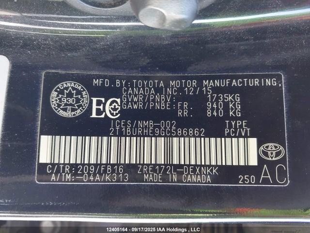 2T1BURHE9GC586862 Toyota 2zr-fe