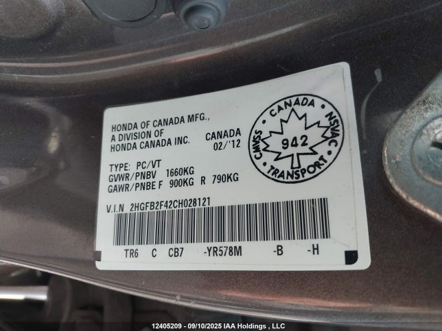 12405209 :رقم المزاد ، 2HGFB2F42CH028121 vin ، 2012 Honda Civic Lx مزاد بيع