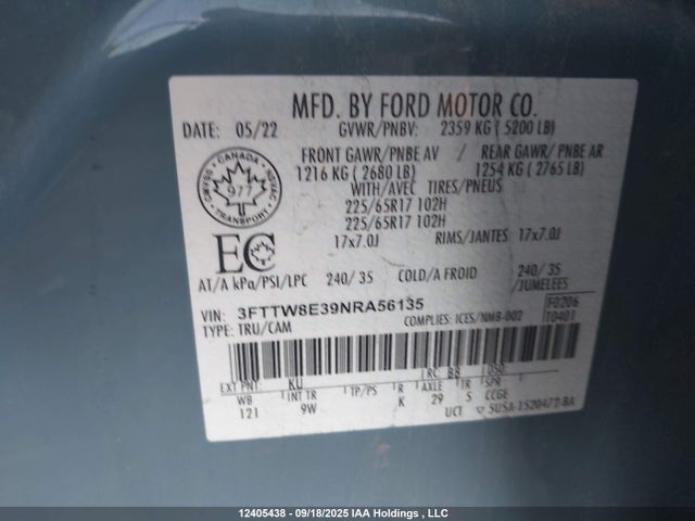 3FTTW8E39NRA56135 Ford hybrid