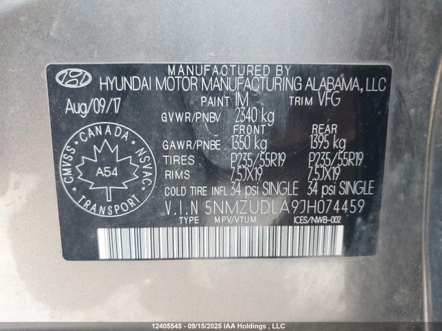 5NMZUDLA9JH074459 Hyundai t-gdi theta ii
