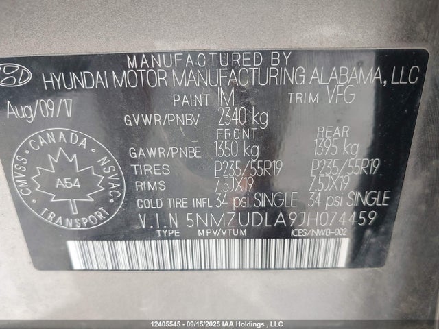 5NMZUDLA9JH074459 Hyundai t-gdi theta ii