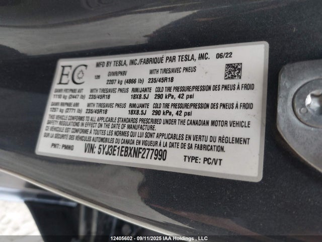 5YJ3E1EBXNF277990 Tesla MODEL 3