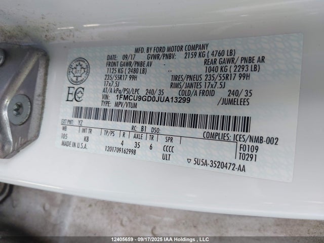 1FMCU9GD0JUA13299 Ford 1.5l gtdi sigma w/premium fuel