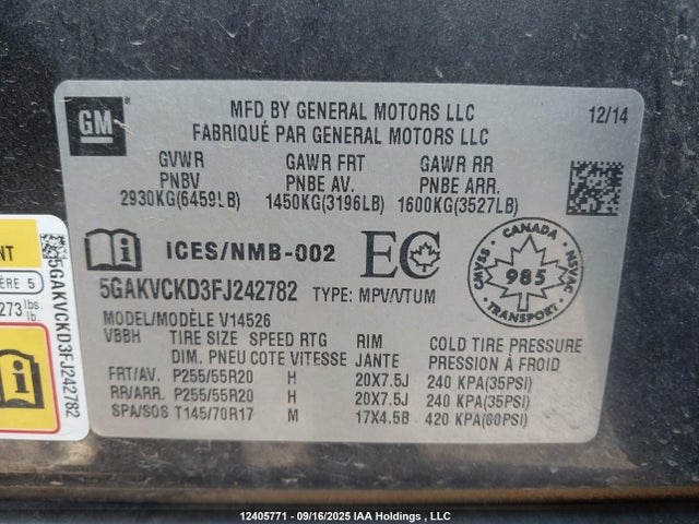 Продаж на аукціоні авто 2015 Buick Enclave, vin: 5GAKVCKD3FJ242782, номер лоту: 12405771