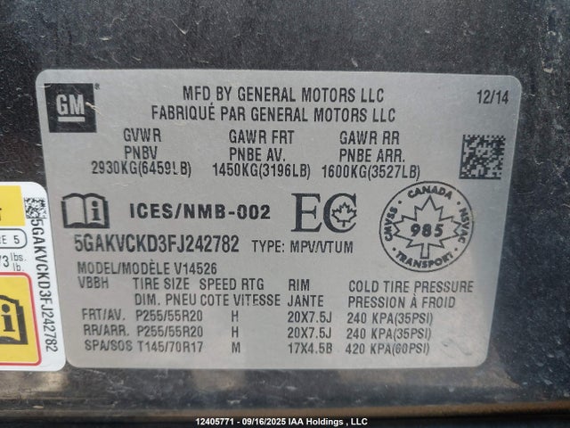 Продаж на аукціоні авто 2015 Buick Enclave, vin: 5GAKVCKD3FJ242782, номер лоту: 12405771