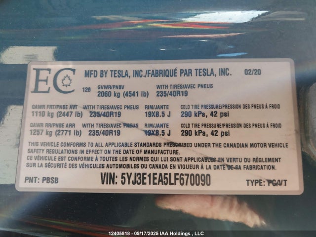 5YJ3E1EA5LF670090 Tesla Model 3 Standard Range Plus