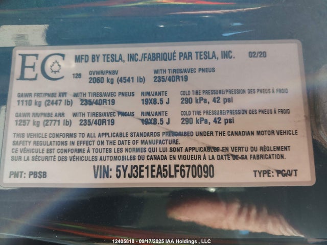 5YJ3E1EA5LF670090 Tesla Model 3 Standard Range Plus