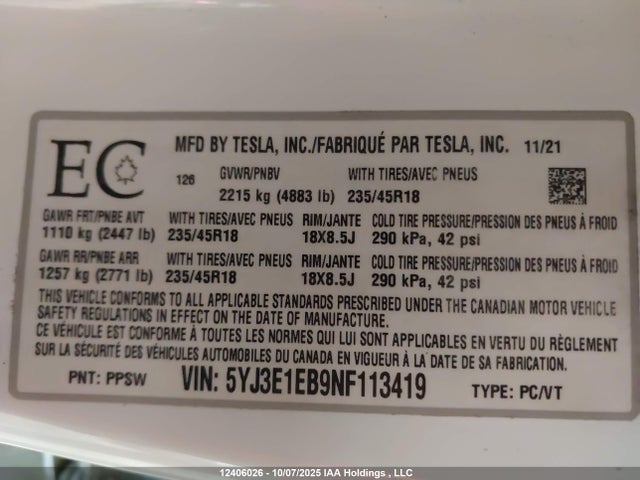 Tesla MODEL 3 2022 5YJ3E1EB9NF113419 Image 9