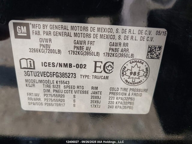 3GTU2VEC6FG385273 GMC l83 - vvt, active fuel management, aluminum