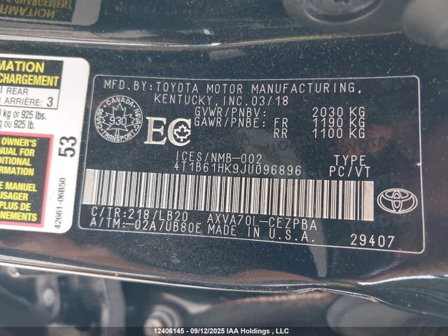 12406145 :رقم المزاد ، 4T1B61HK9JU096896 vin ، 2018 Toyota Camry Xse مزاد بيع