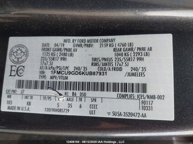 1FMCU9GD6KUB87931 Ford 1.5l gtdi sigma w/premium fuel