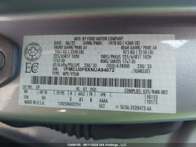 1FMCU0F6XNUA94672 Ford dragon di tc