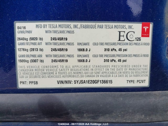 Tesla 3 phase a/c induction (dual motor) 2016 5YJSA1E20GF136615 Image 19