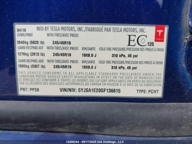 Tesla 3 phase a/c induction (dual motor) 2016 5YJSA1E20GF136615 Image 9