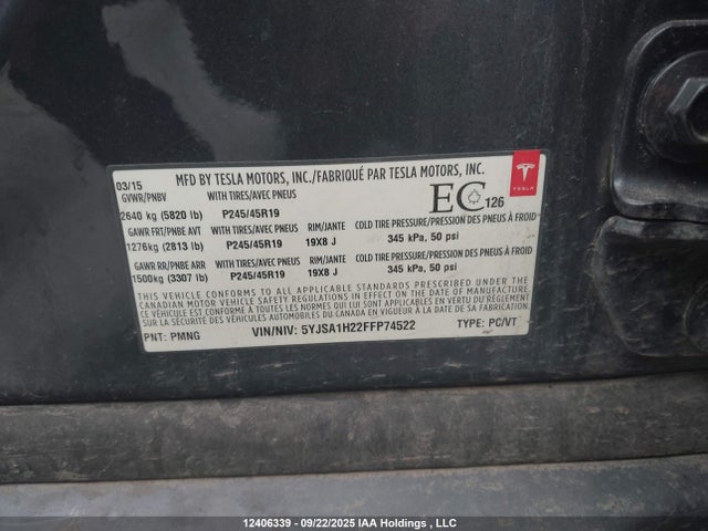 Tesla 3 phase a/c induction (dual motor) 2015 5YJSA1H22FFP74522 Image 19