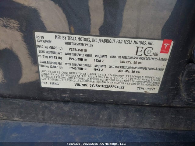 Tesla 3 phase a/c induction (dual motor) 2015 5YJSA1H22FFP74522 Image 9