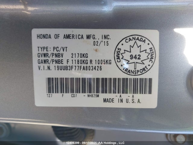 Acura j35y6 2015 19UUB3F77FA803426 Image 9