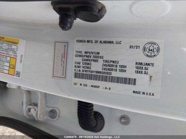 Honda j35y6 2021 5FNYF6H19MB505933 Image 9