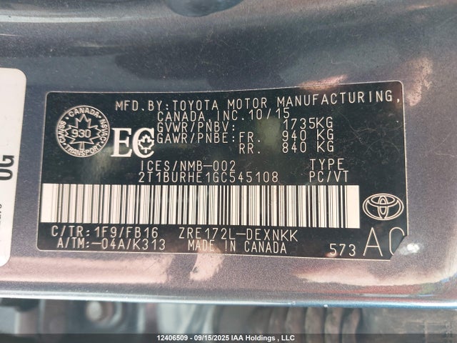 Toyota 2zr-fe 2016 2T1BURHE1GC545108 Image 9